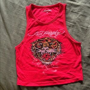 Ed Hardy Bright Red Rhinestone Tiger Crop Tank